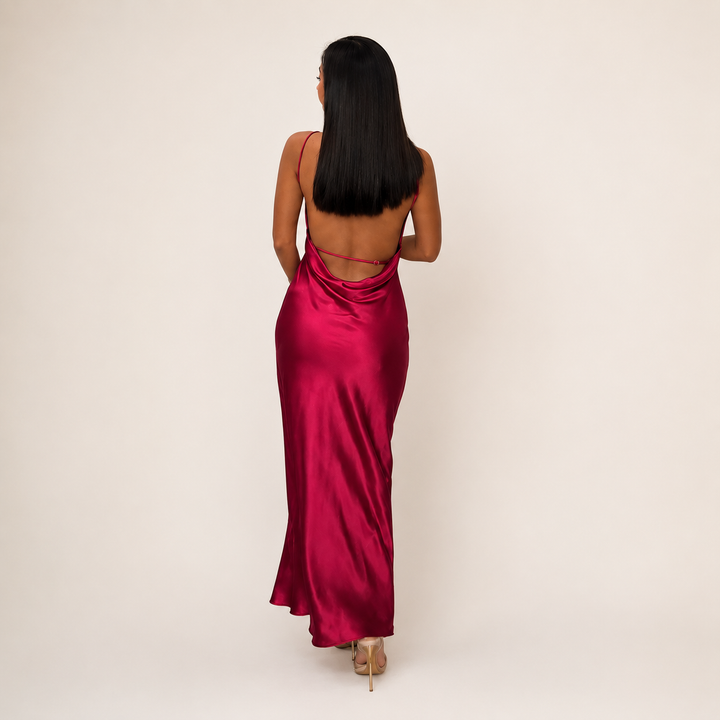 Burgundy Backless Satin Maxi Evening Dress for Weddings, Formal Events & Cocktail Parties for Women-Vyana Collective