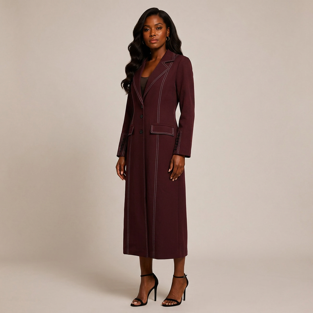 Burgundy Contrast Stitch Floor-Length Maxi Blazer Coat-Vyana Collective