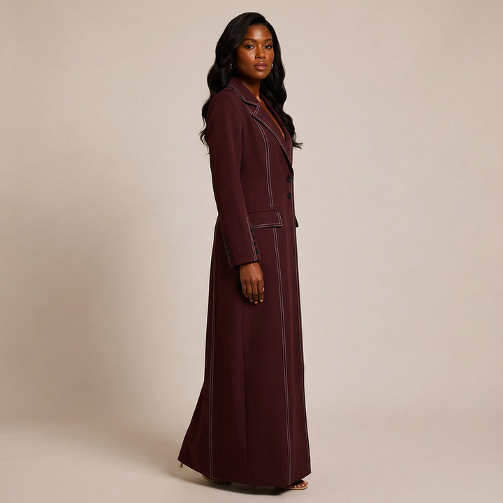 Burgundy Contrast Stitch Floor-Length Maxi Blazer Coat-Vyana Collective