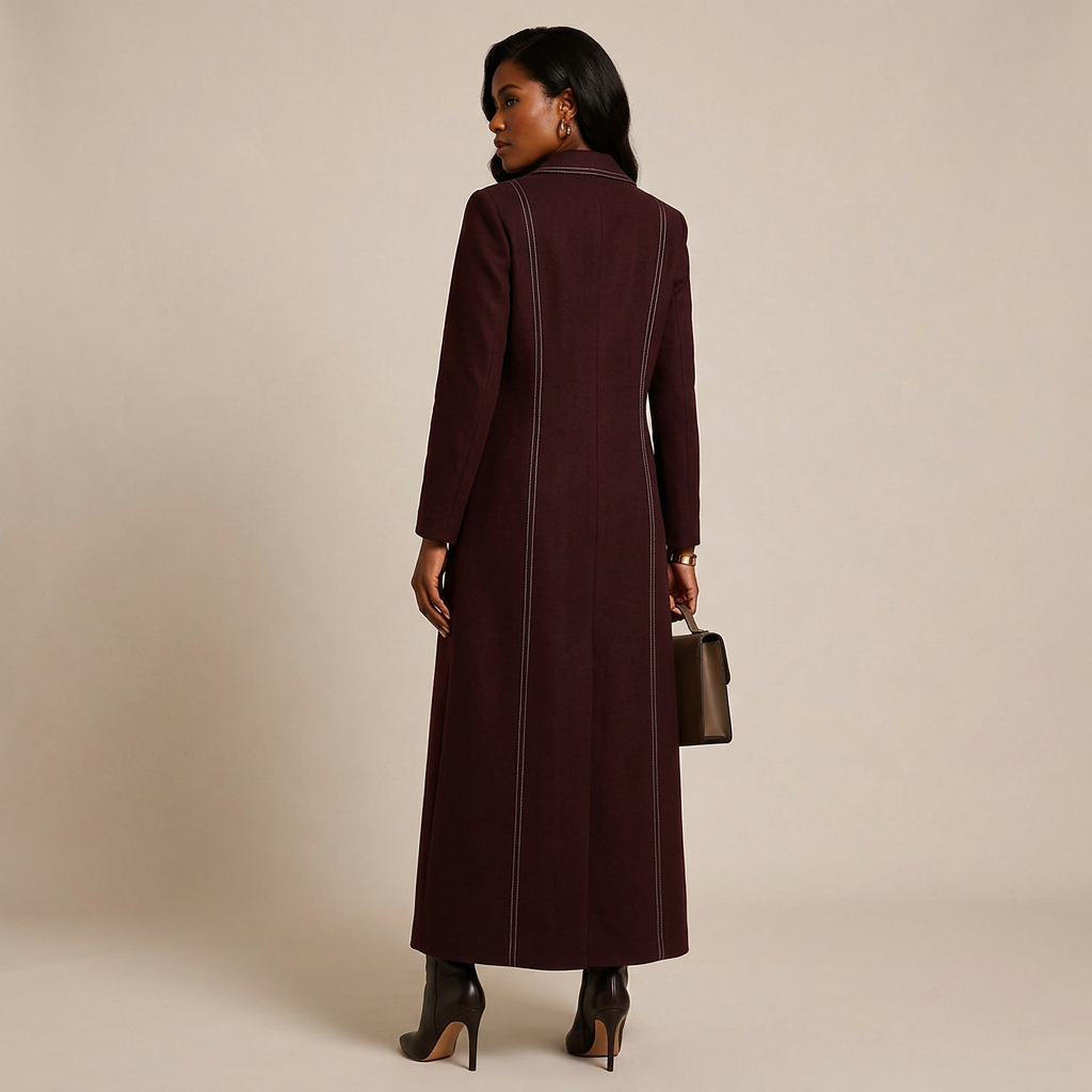 Burgundy Contrast Stitch Floor-Length Maxi Blazer Coat-Vyana Collective