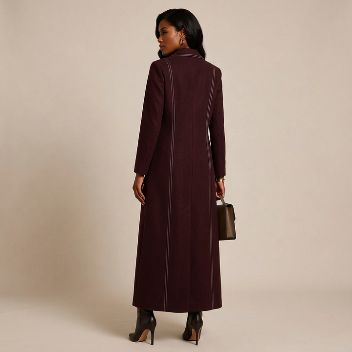 Burgundy Contrast Stitch Floor-Length Maxi Blazer Coat-Vyana Collective