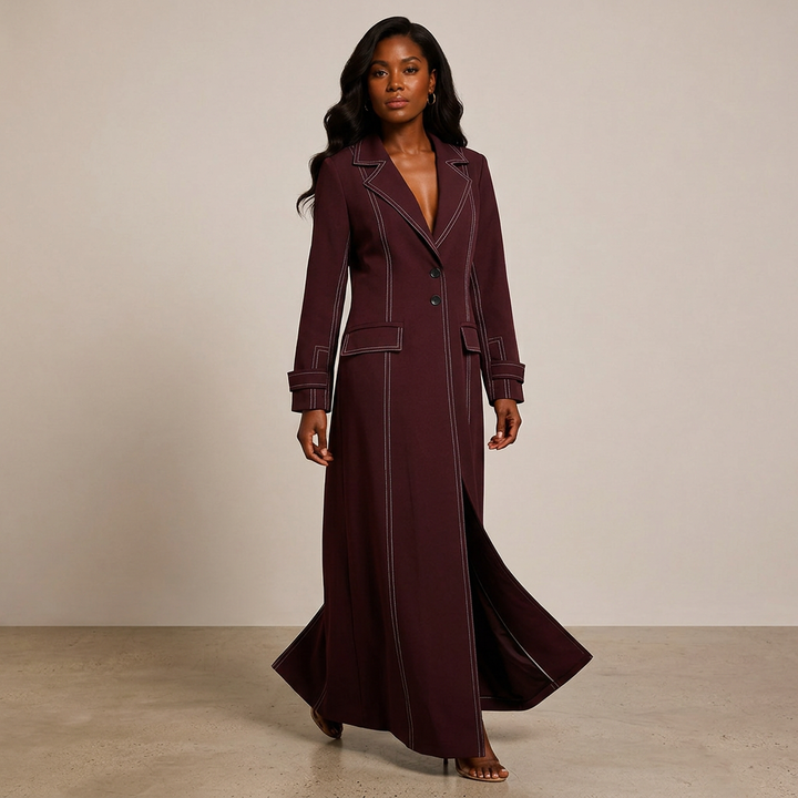 Burgundy Contrast Stitch Floor-Length Maxi Blazer Coat-Vyana Collective