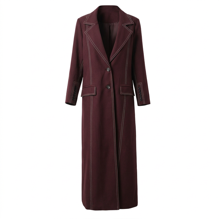 Burgundy Contrast Stitch Floor-Length Maxi Blazer Coat-Vyana Collective
