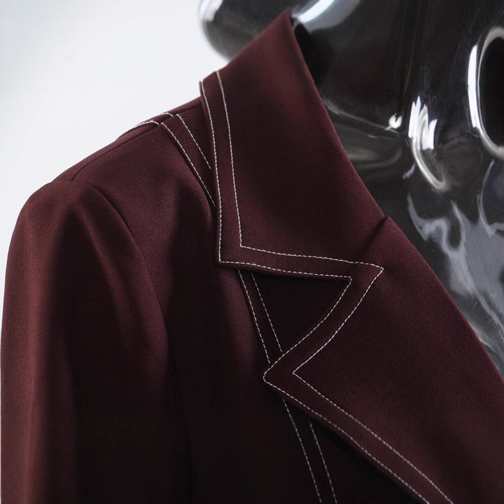 Burgundy Contrast Stitch Floor-Length Maxi Blazer Coat-Vyana Collective