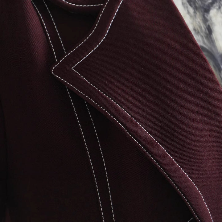 Burgundy Contrast Stitch Floor-Length Maxi Blazer Coat-Vyana Collective