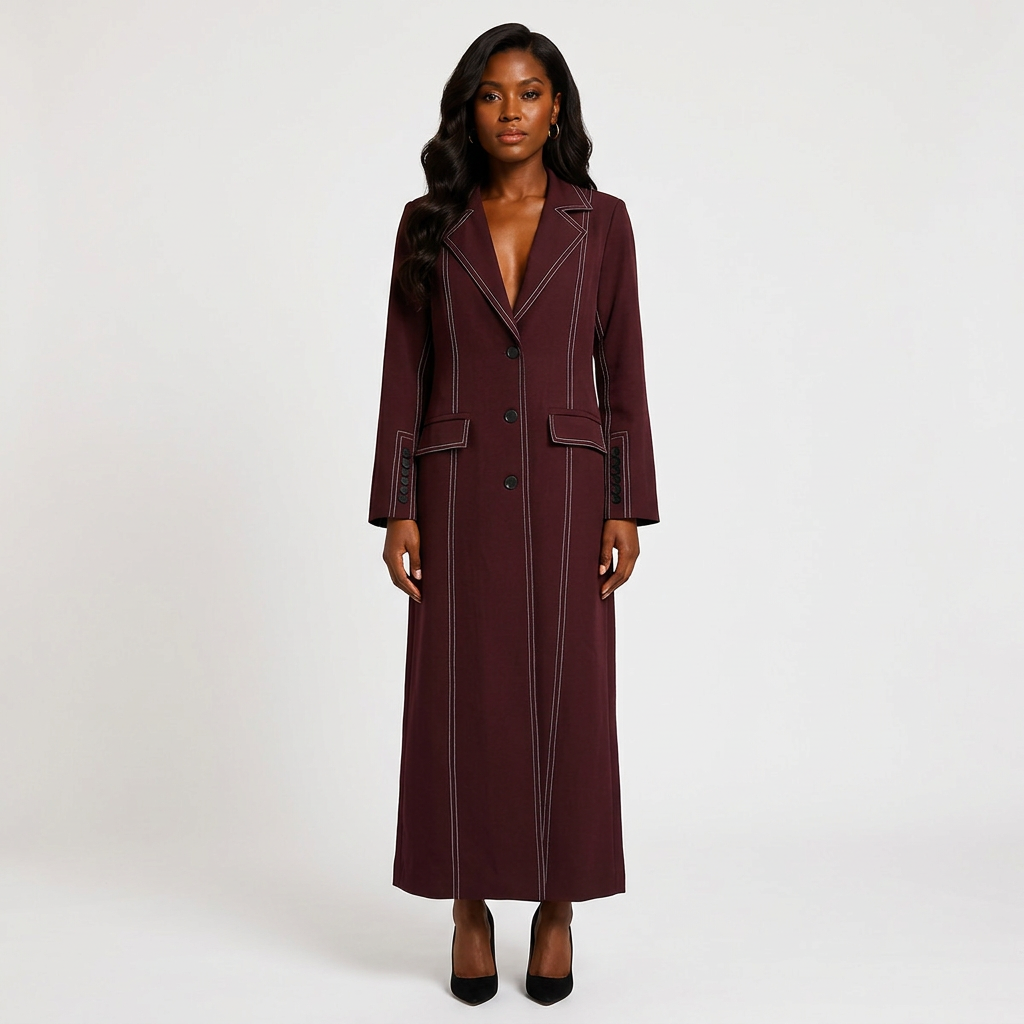 Burgundy Contrast Stitch Floor-Length Maxi Blazer Coat-Vyana Collective