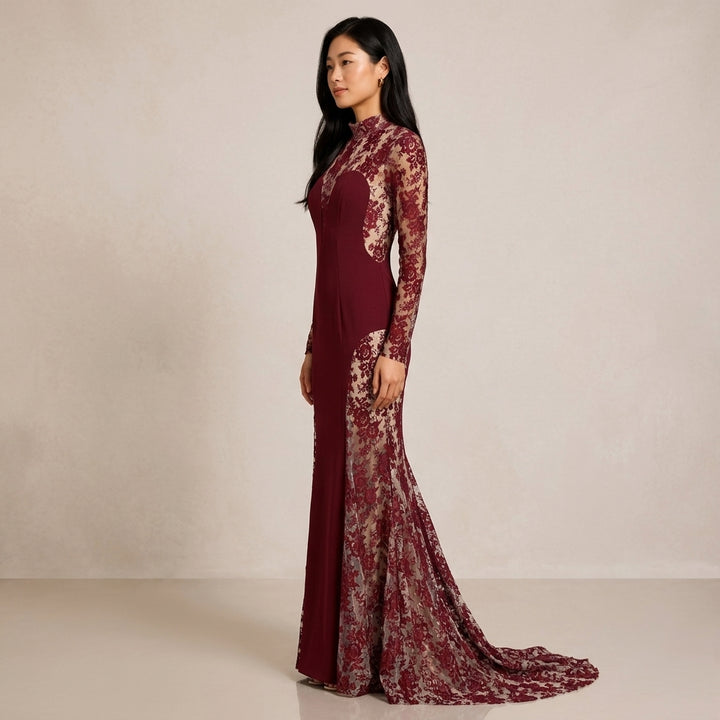 Burgundy Floral Lace High-Neck Long-Sleeve Mermaid Evening Gown-Vyana Collective