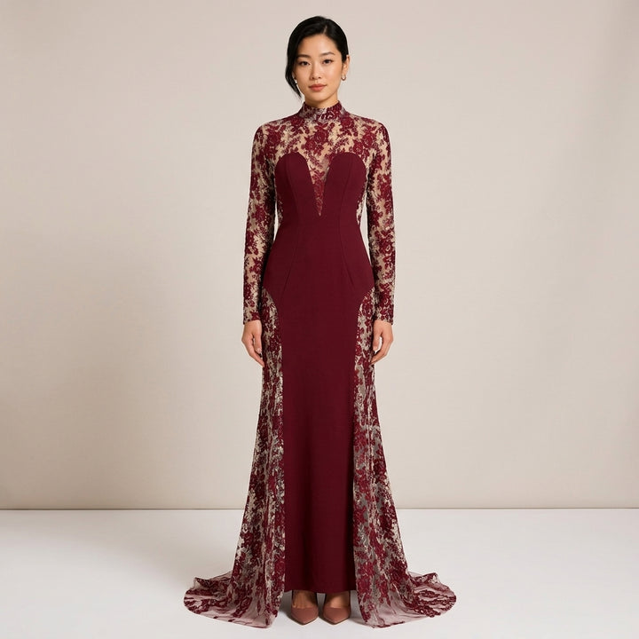 Burgundy Floral Lace High-Neck Long-Sleeve Mermaid Evening Gown-Vyana Collective