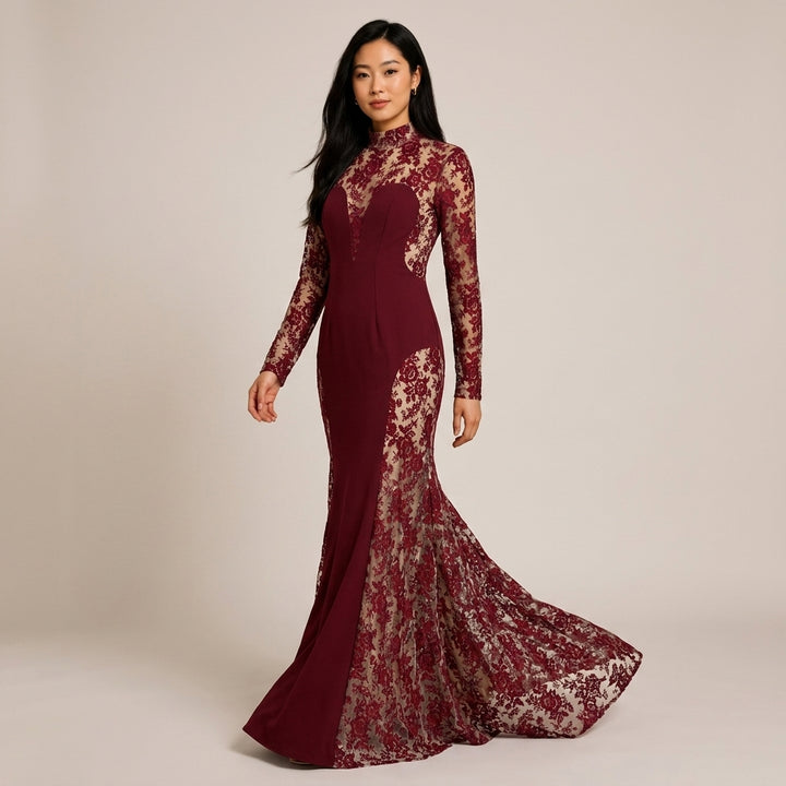 Burgundy Floral Lace High-Neck Long-Sleeve Mermaid Evening Gown-Vyana Collective
