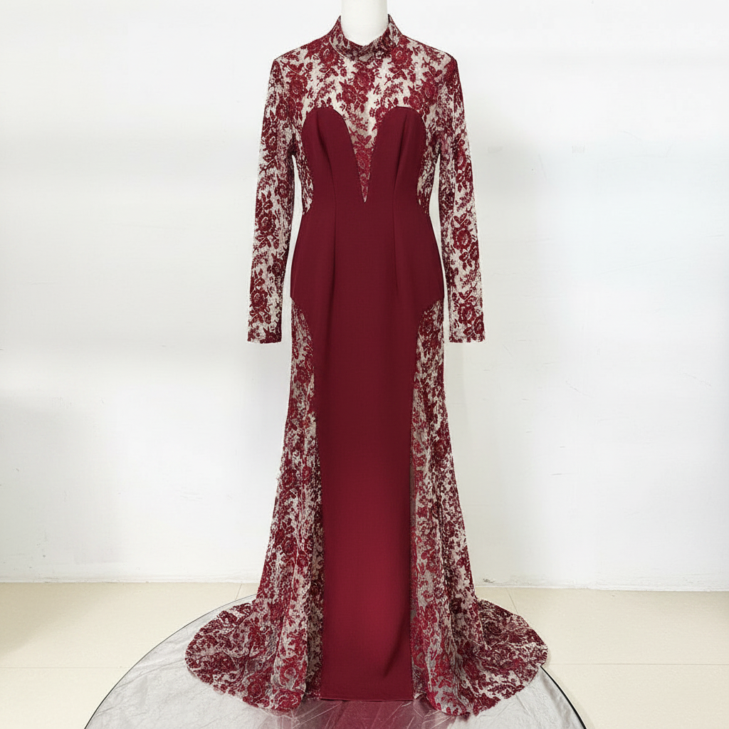 Burgundy Floral Lace High-Neck Long-Sleeve Mermaid Evening Gown-Vyana Collective