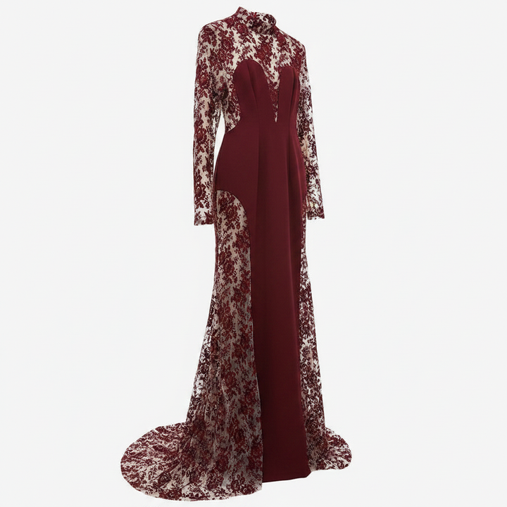 Burgundy Floral Lace High-Neck Long-Sleeve Mermaid Evening Gown-Vyana Collective