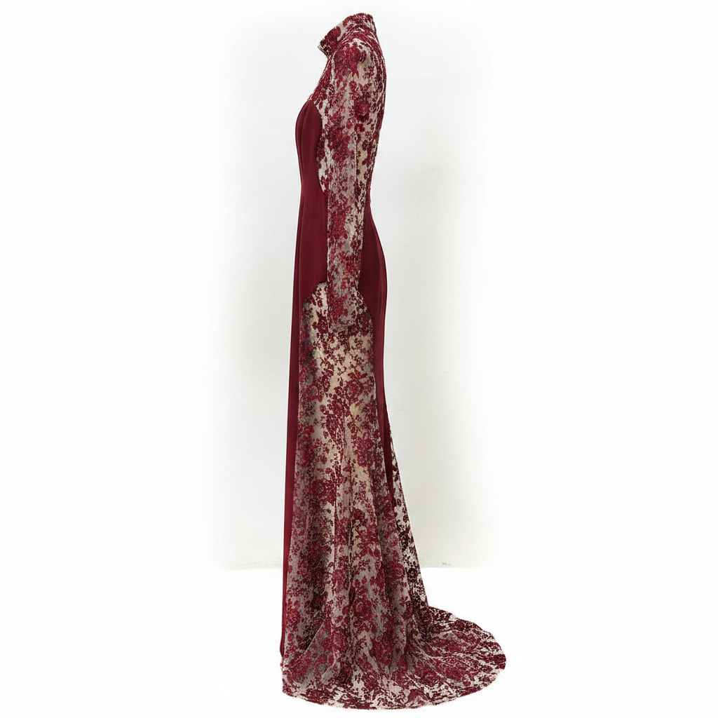 Burgundy Floral Lace High-Neck Long-Sleeve Mermaid Evening Gown-Vyana Collective