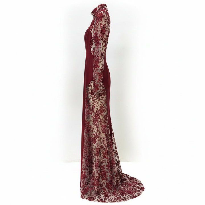 Burgundy Floral Lace High-Neck Long-Sleeve Mermaid Evening Gown-Vyana Collective