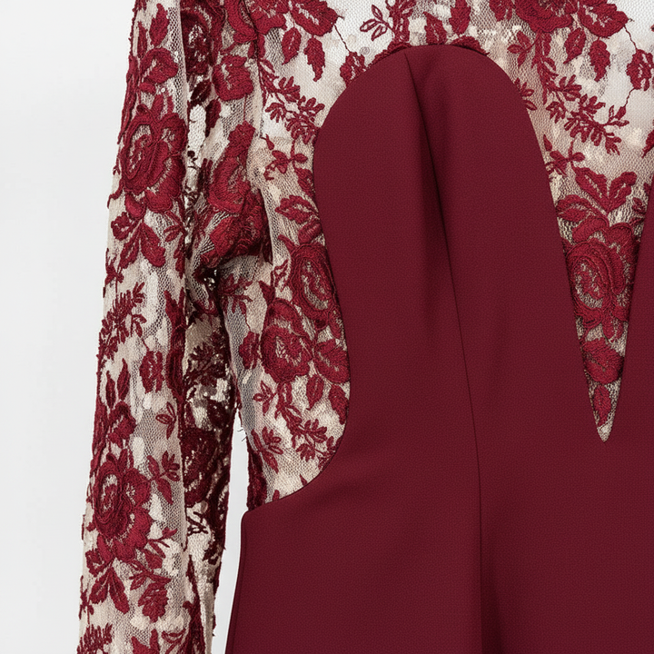 Burgundy Floral Lace High-Neck Long-Sleeve Mermaid Evening Gown-Vyana Collective
