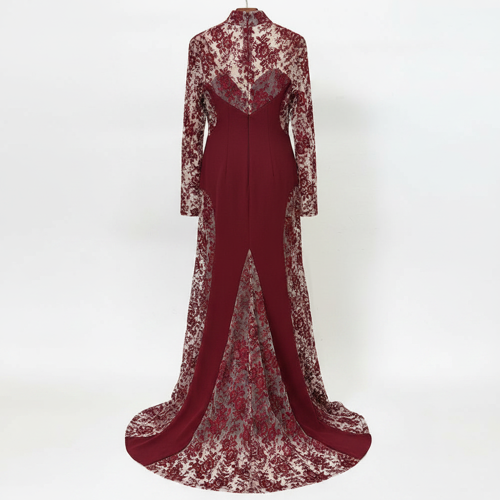 Burgundy Floral Lace High-Neck Long-Sleeve Mermaid Evening Gown-Vyana Collective