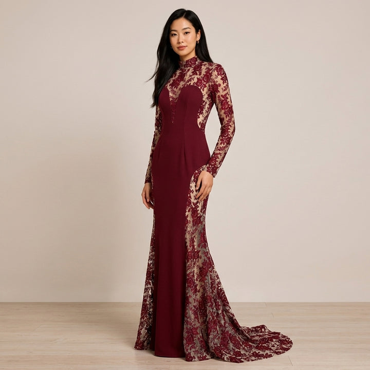 Burgundy Floral Lace High-Neck Long-Sleeve Mermaid Evening Gown-Vyana Collective