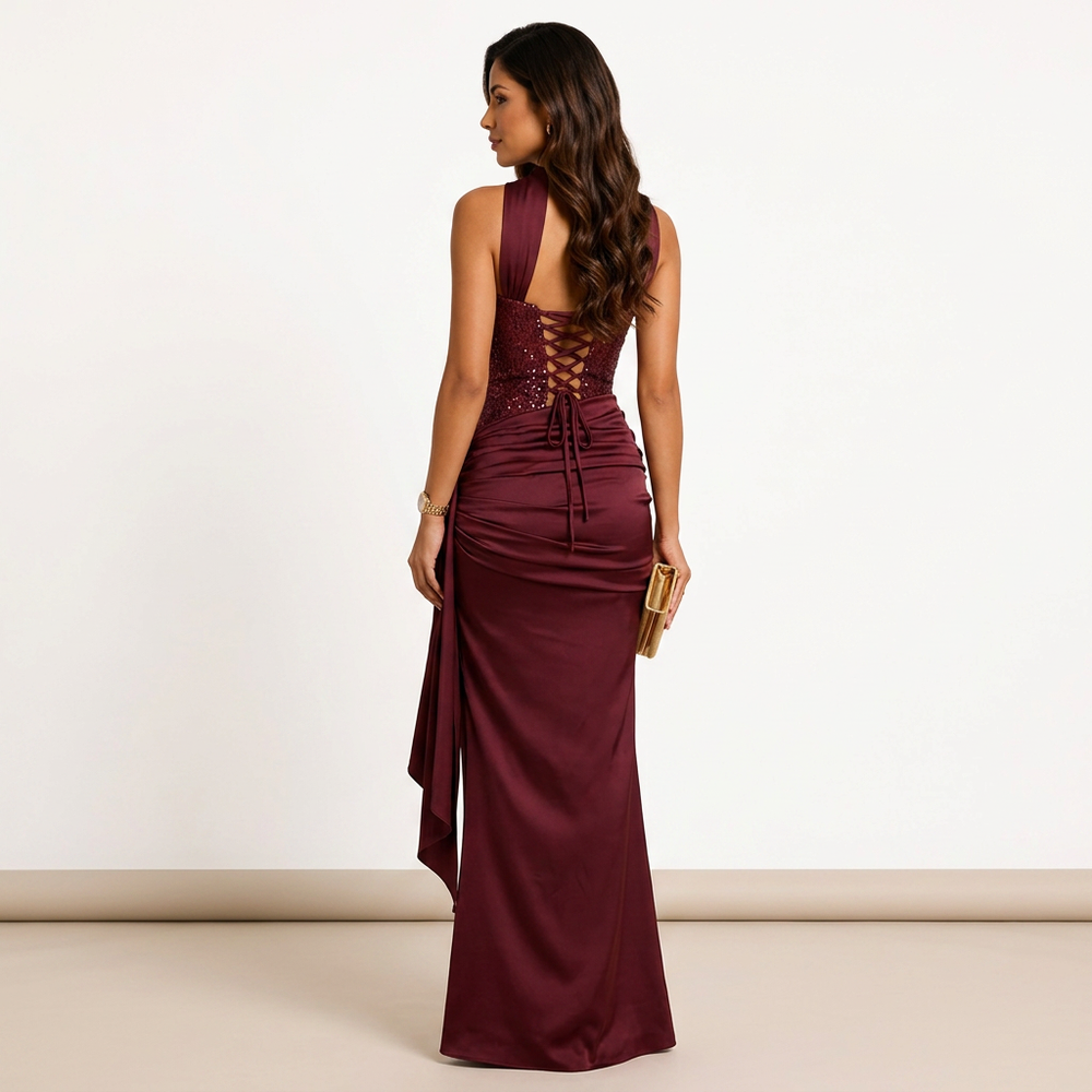 Burgundy Satin and Sequin One Shoulder Formal Gown for Gala Evenings Women-Vyana Collective