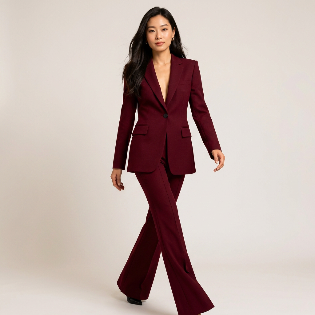 Burgundy Sculpted Blazer and Flared Trousers Suit for Women-Vyana Collective