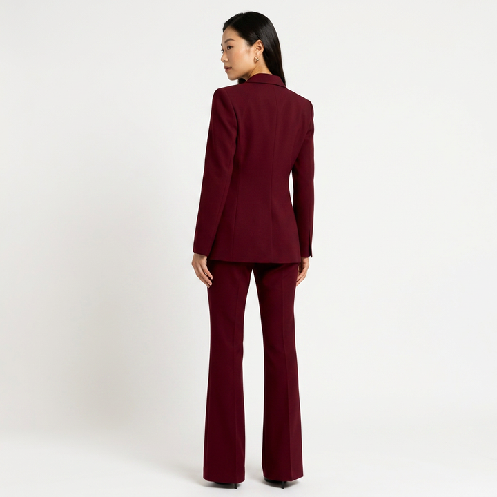 Burgundy Sculpted Blazer and Flared Trousers Suit for Women-Vyana Collective