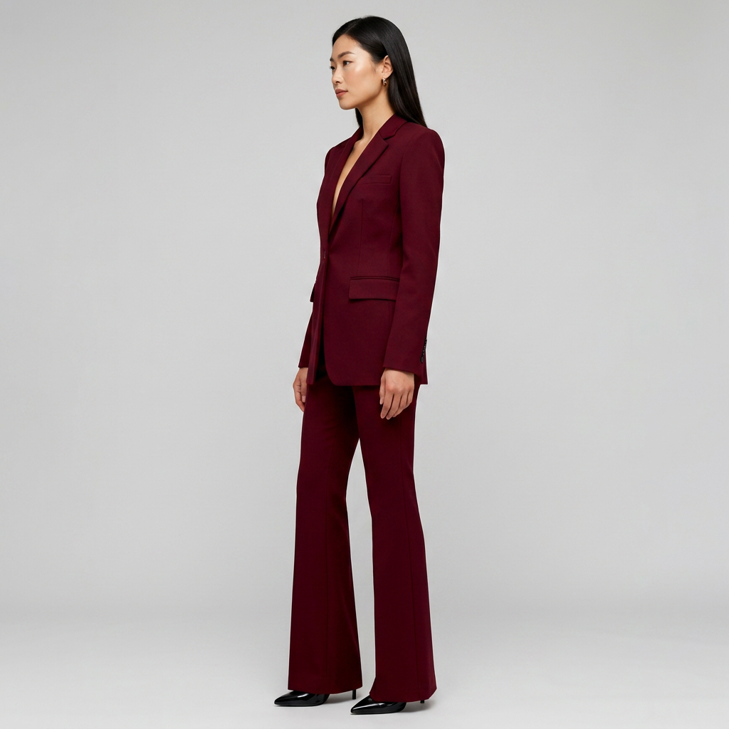 Burgundy Sculpted Blazer and Flared Trousers Suit for Women-Vyana Collective