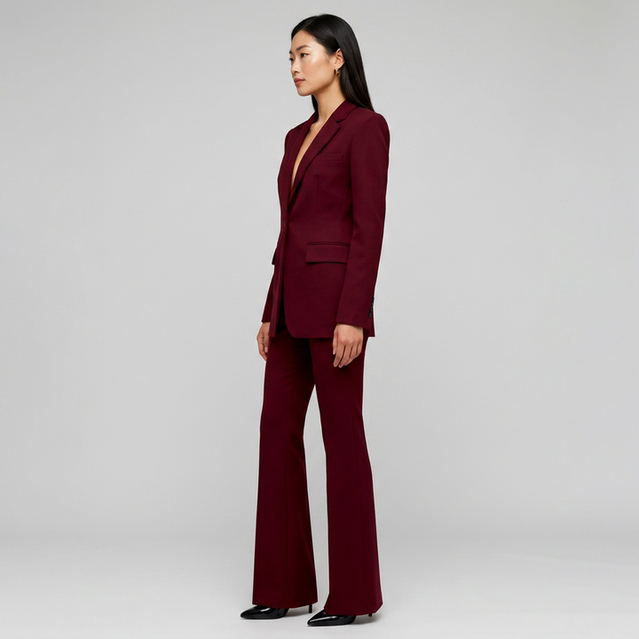 Burgundy Sculpted Blazer and Flared Trousers Suit for Women-Vyana Collective