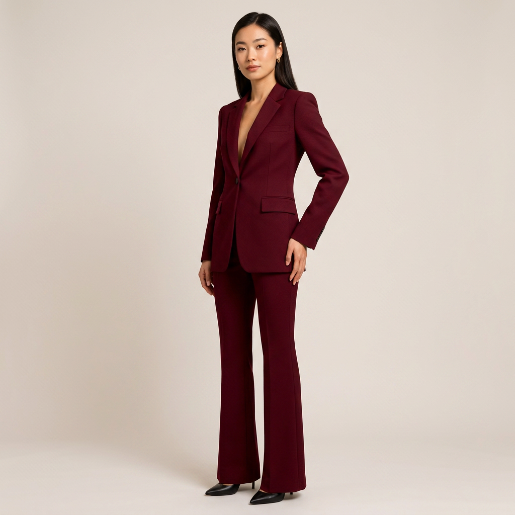 Burgundy Sculpted Blazer and Flared Trousers Suit for Women-Vyana Collective