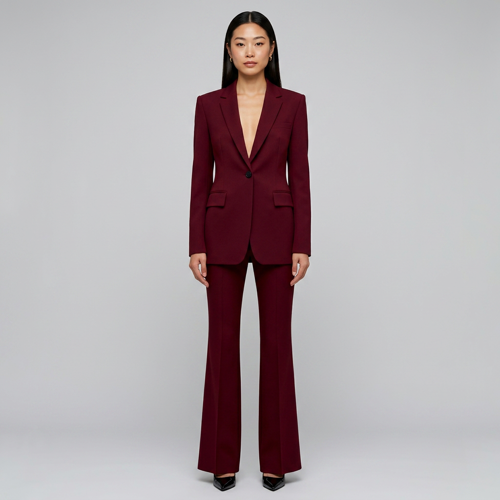 Burgundy Sculpted Blazer and Flared Trousers Suit for Women-Vyana Collective
