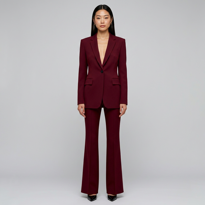 Burgundy Sculpted Blazer and Flared Trousers Suit for Women-Vyana Collective