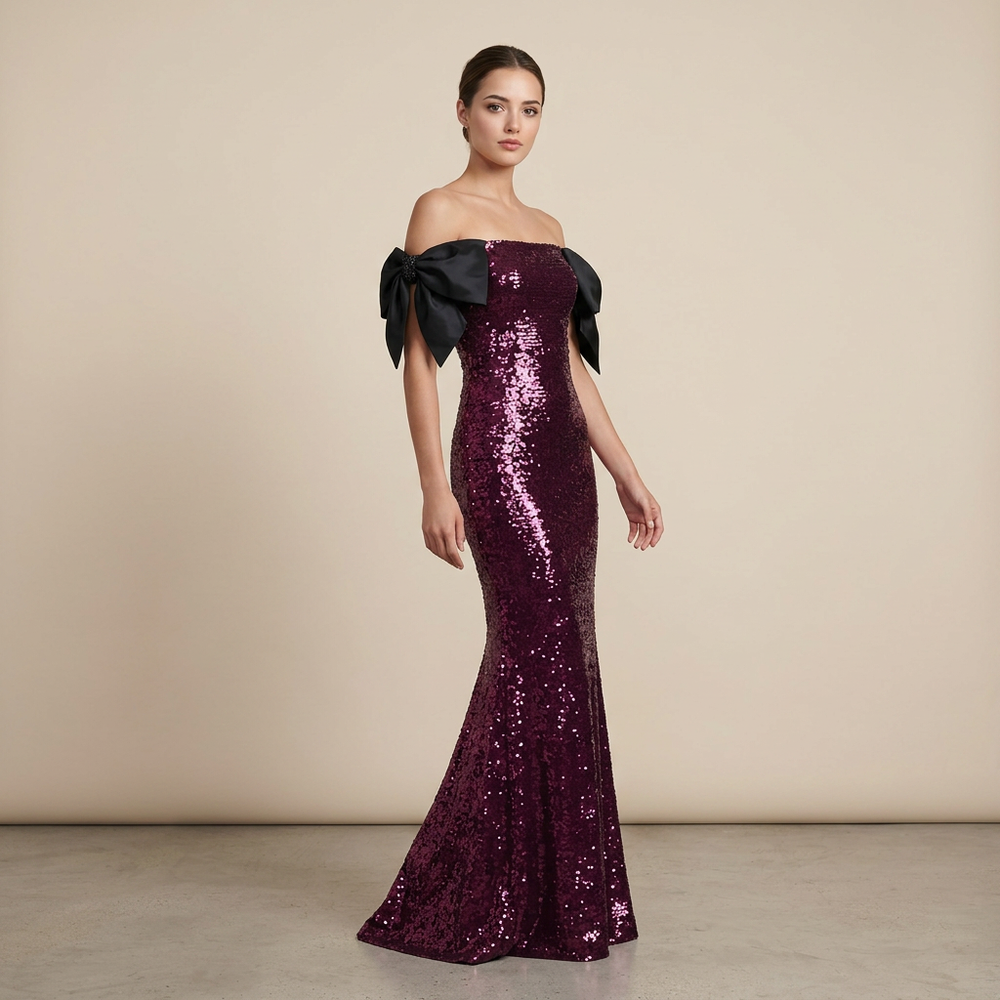 Burgundy Sequin Off-Shoulder Bow Mermaid Evening Gown-Vyana Collective
