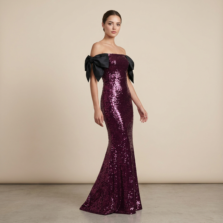 Burgundy Sequin Off-Shoulder Bow Mermaid Evening Gown-Vyana Collective