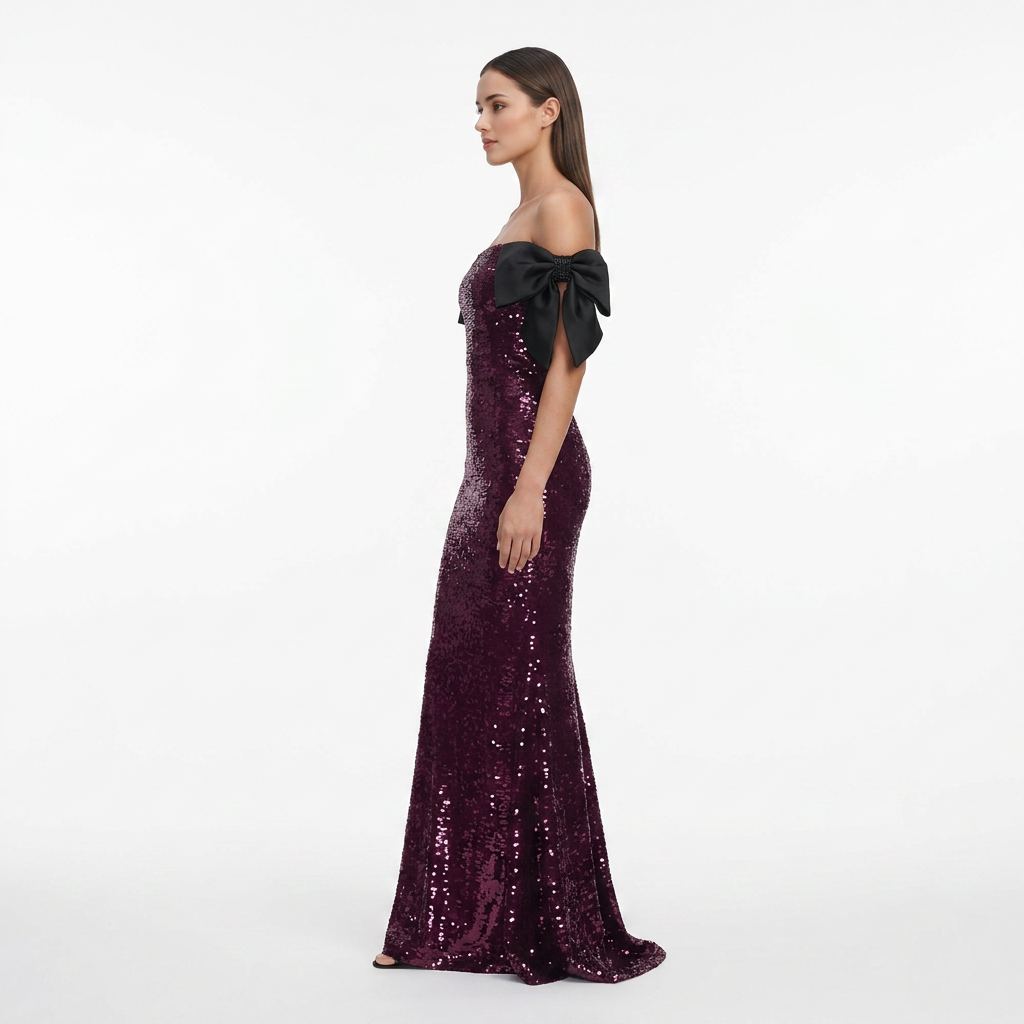 Burgundy Sequin Off-Shoulder Bow Mermaid Evening Gown-Vyana Collective