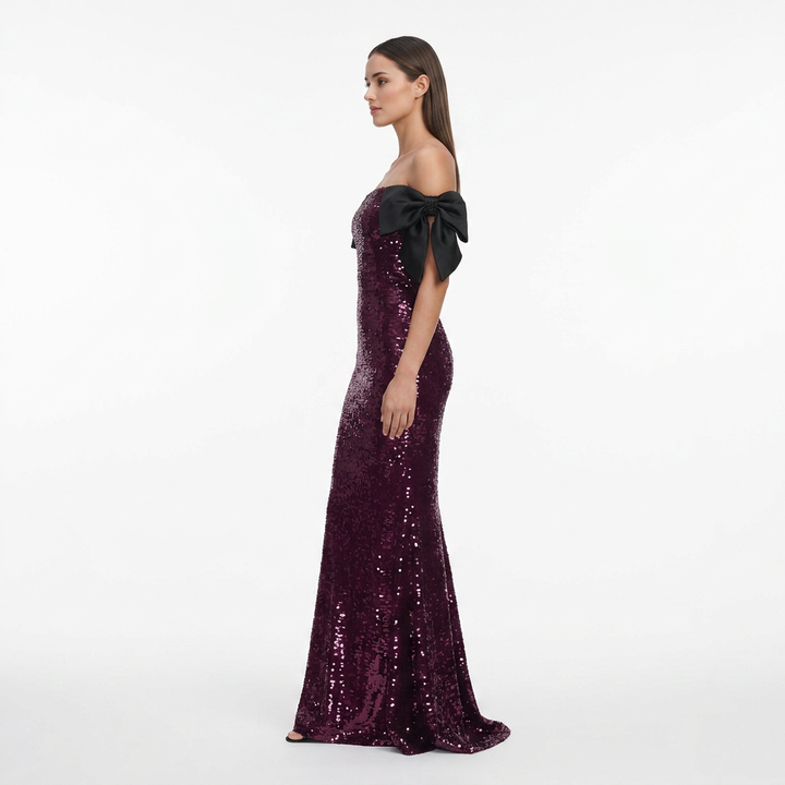 Burgundy Sequin Off-Shoulder Bow Mermaid Evening Gown-Vyana Collective