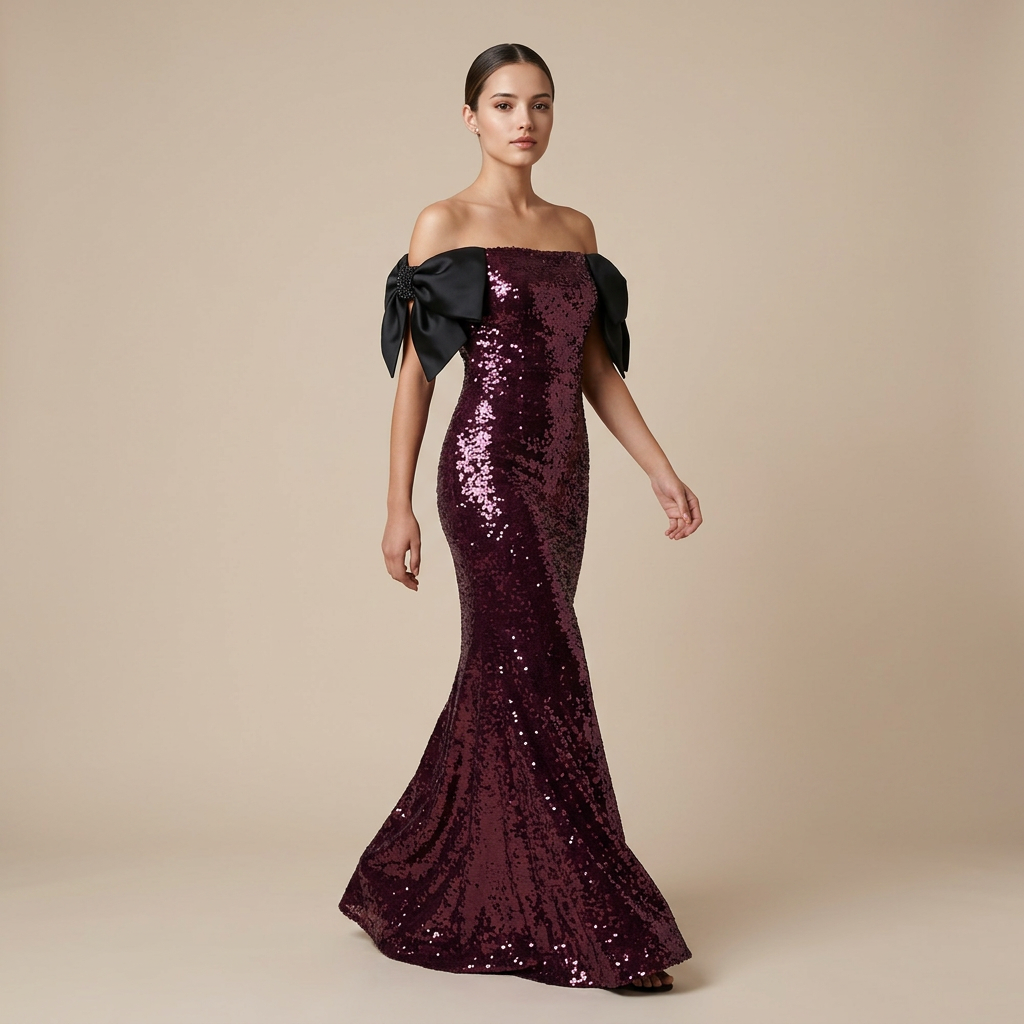 Burgundy Sequin Off-Shoulder Bow Mermaid Evening Gown-Vyana Collective