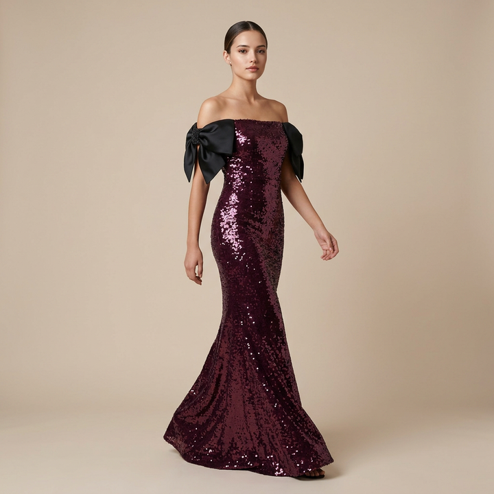 Burgundy Sequin Off-Shoulder Bow Mermaid Evening Gown-Vyana Collective