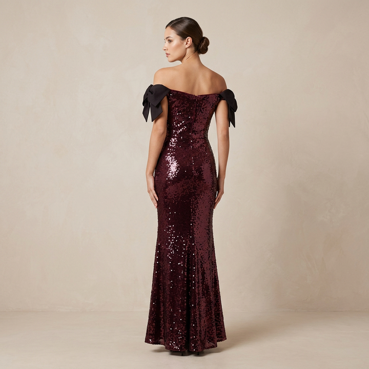 Burgundy Sequin Off-Shoulder Bow Mermaid Evening Gown-Vyana Collective