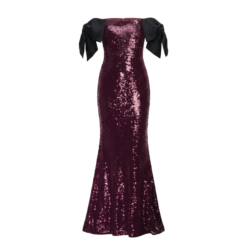 Burgundy Sequin Off-Shoulder Bow Mermaid Evening Gown-Vyana Collective