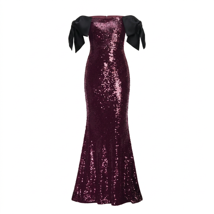 Burgundy Sequin Off-Shoulder Bow Mermaid Evening Gown-Vyana Collective