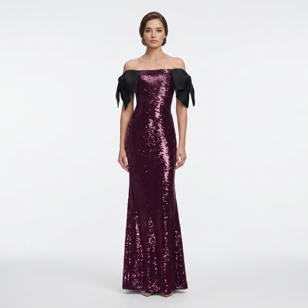 Burgundy Sequin Off-Shoulder Bow Mermaid Evening Gown-Vyana Collective
