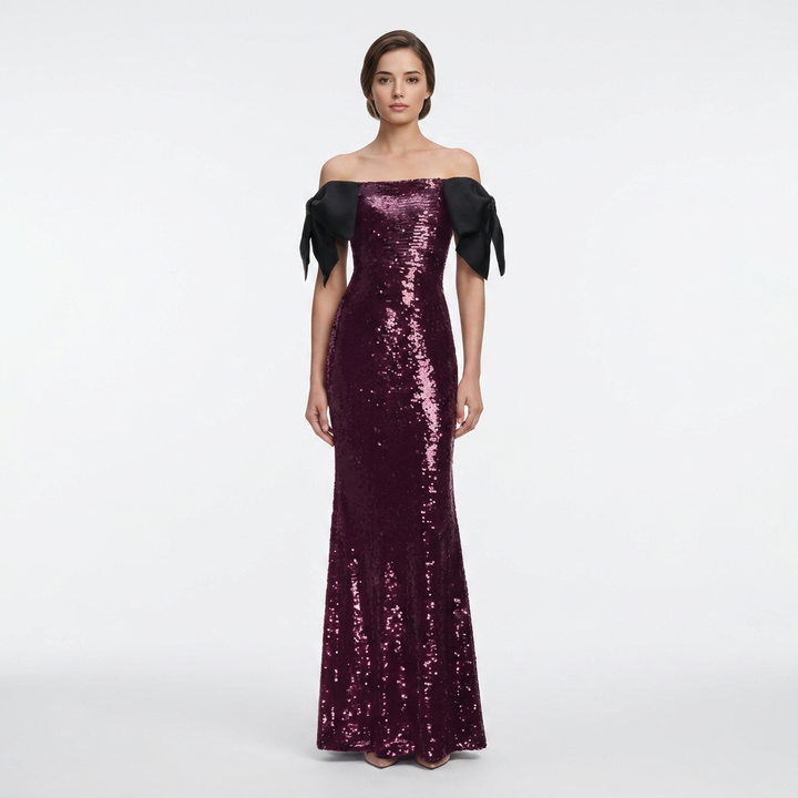 Burgundy Sequin Off-Shoulder Bow Mermaid Evening Gown-Vyana Collective