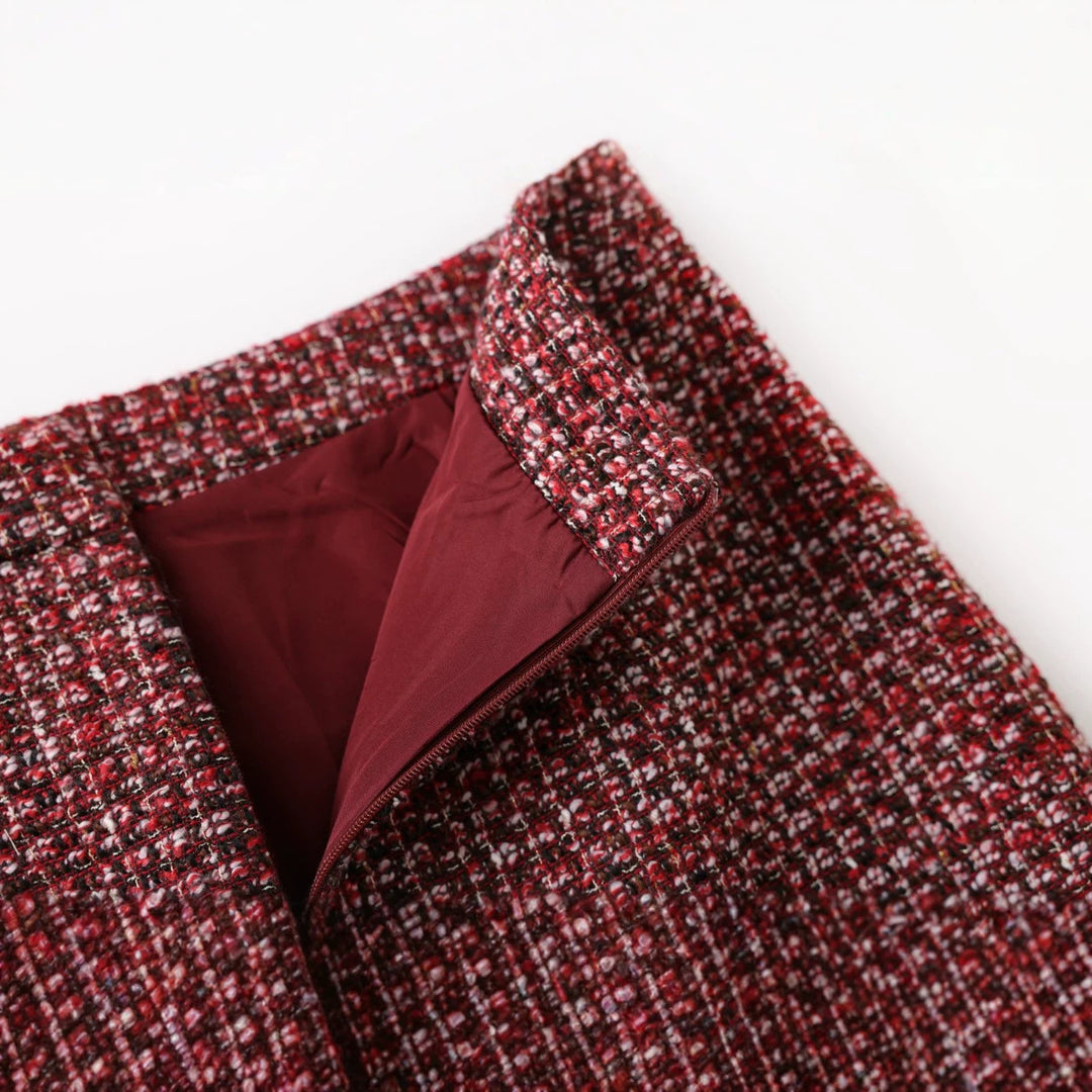 Burgundy Tweed Jacket and Midi Skirt Set-Vyana Collective