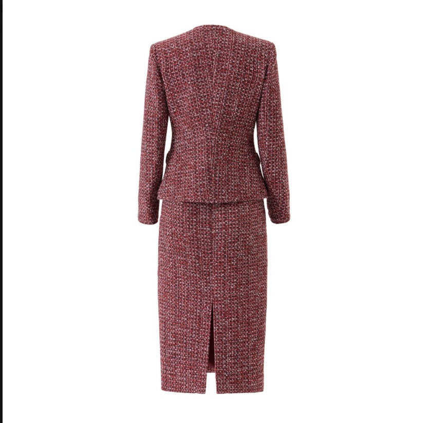Burgundy Tweed Jacket and Midi Skirt Set-Vyana Collective
