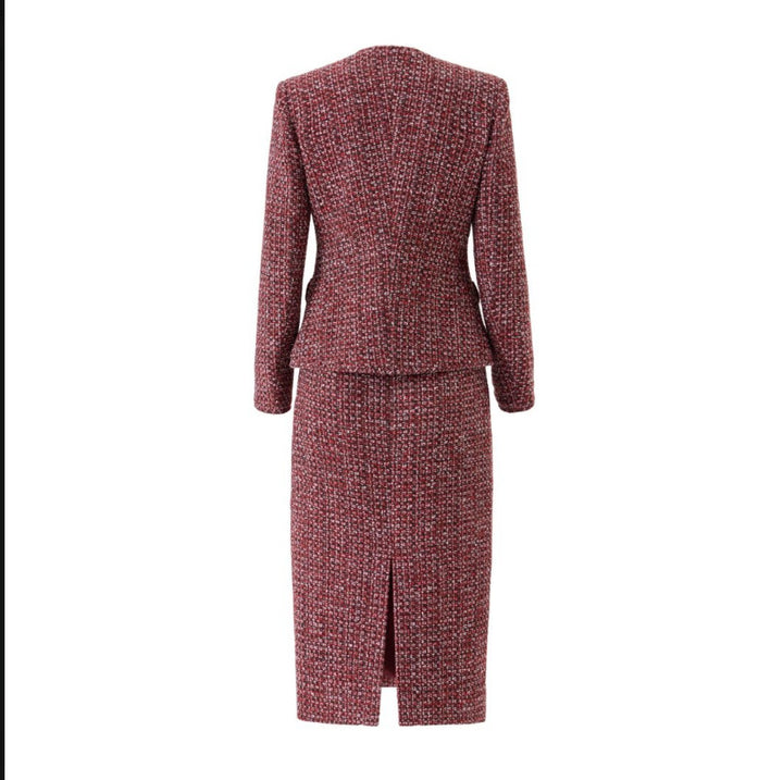 Burgundy Tweed Jacket and Midi Skirt Set-Vyana Collective