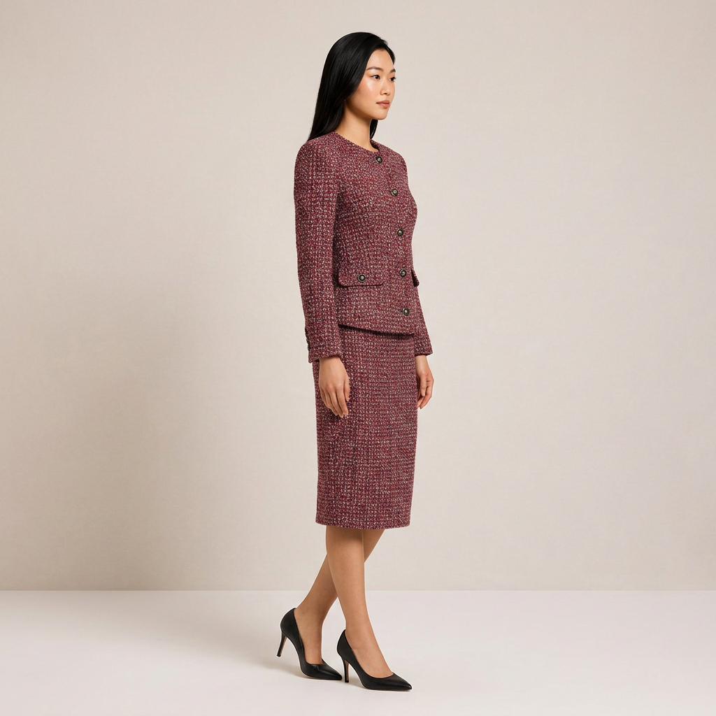 Burgundy Tweed Jacket and Midi Skirt Set-Vyana Collective