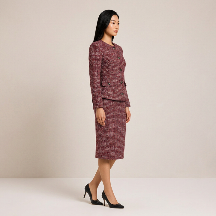 Burgundy Tweed Jacket and Midi Skirt Set-Vyana Collective