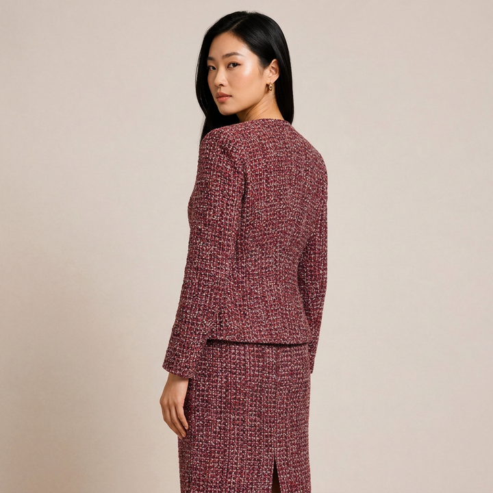 Burgundy Tweed Jacket and Midi Skirt Set-Vyana Collective