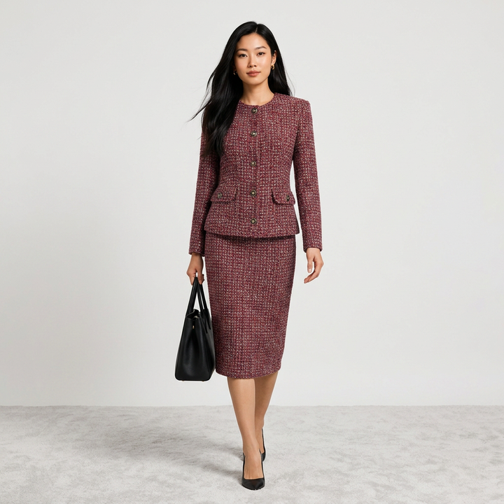 Burgundy Tweed Jacket and Midi Skirt Set-Vyana Collective