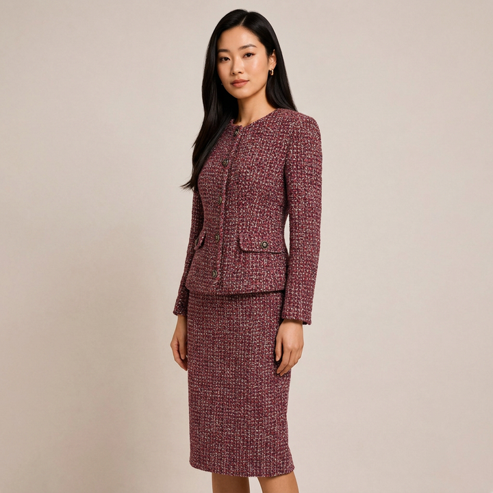 Burgundy Tweed Jacket and Midi Skirt Set-Vyana Collective