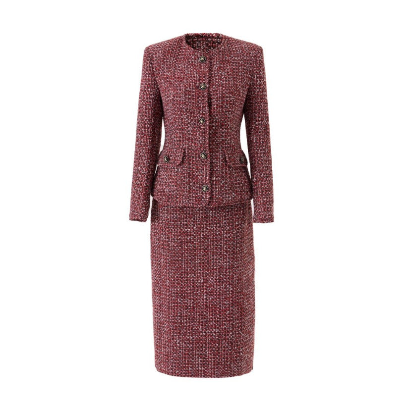 Burgundy Tweed Jacket and Midi Skirt Set-Vyana Collective