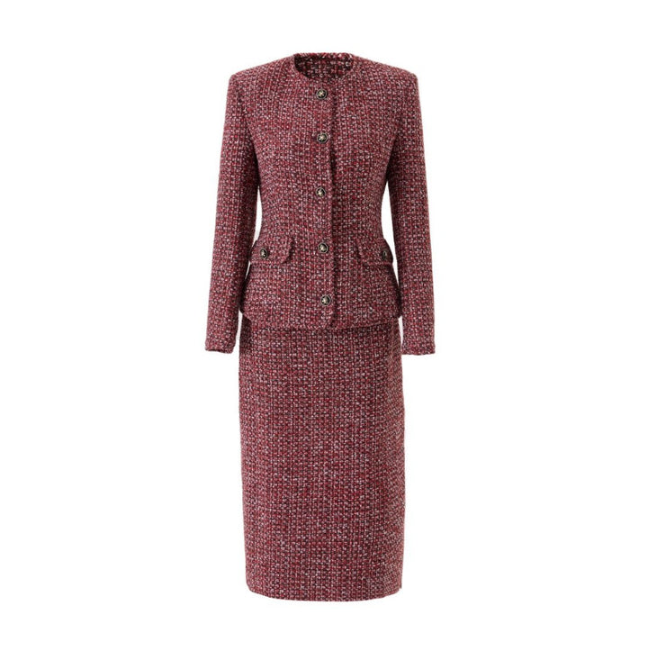 Burgundy Tweed Jacket and Midi Skirt Set-Vyana Collective