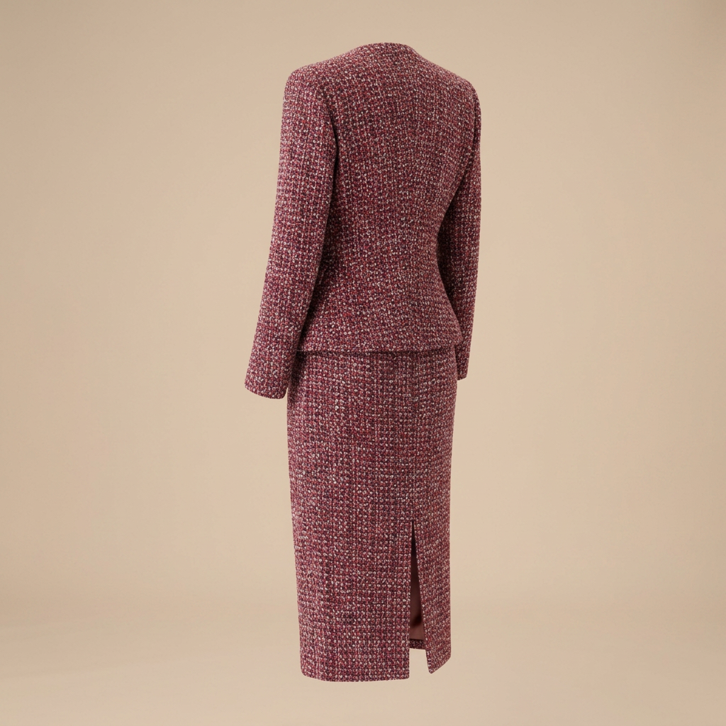 Burgundy Tweed Jacket and Midi Skirt Set-Vyana Collective